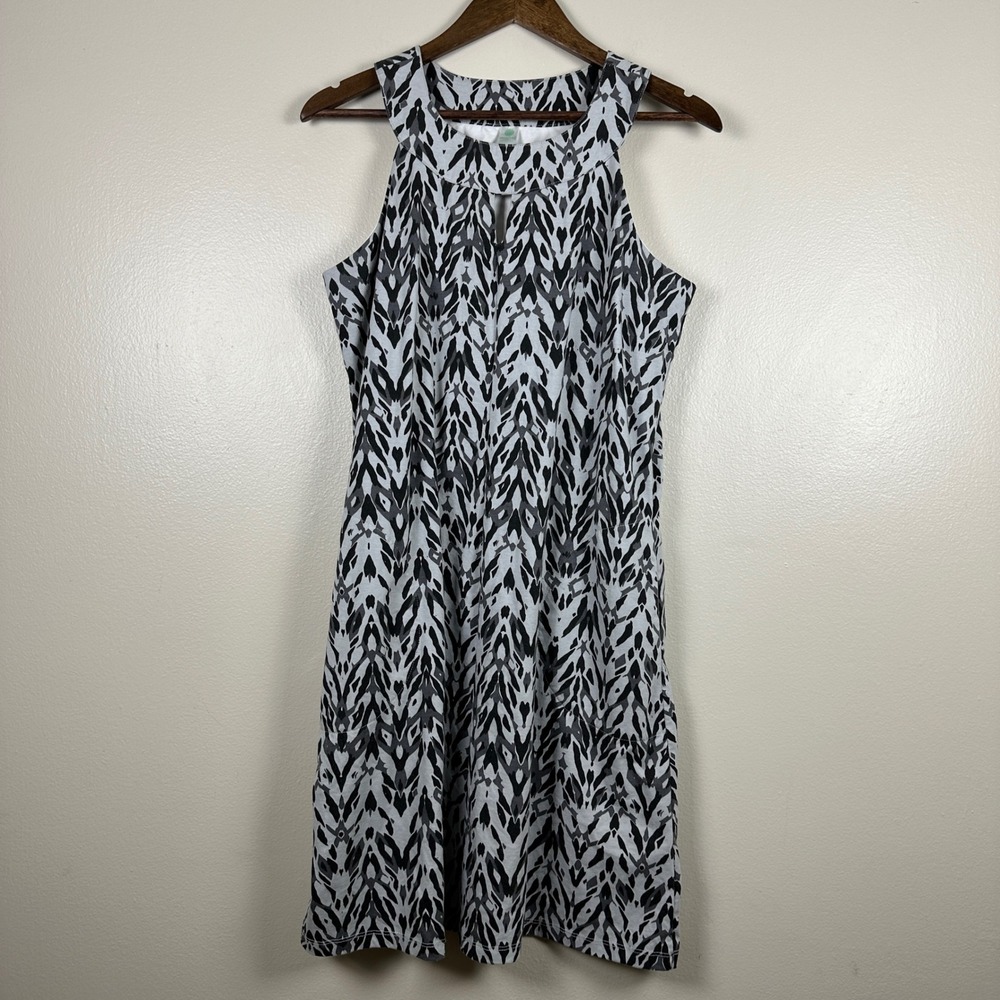 Aventura‎ Women's L Dress Black Grey Ikat Print Halter Keyhole Abstract NEW